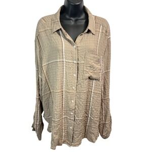Jane + Delancey Womens XL Taupe Plaid Textured Button Down Shirt Long Sleeve